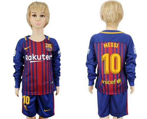 Barcelona #10 Messi Home Long Sleeves Kid Soccer Club Jersey - Click Image to Close